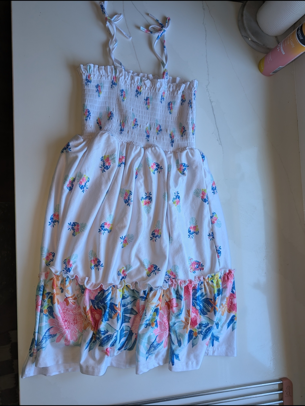 Tommy Bahama White Floral Smocked Sundress with Blue and Pink Accents